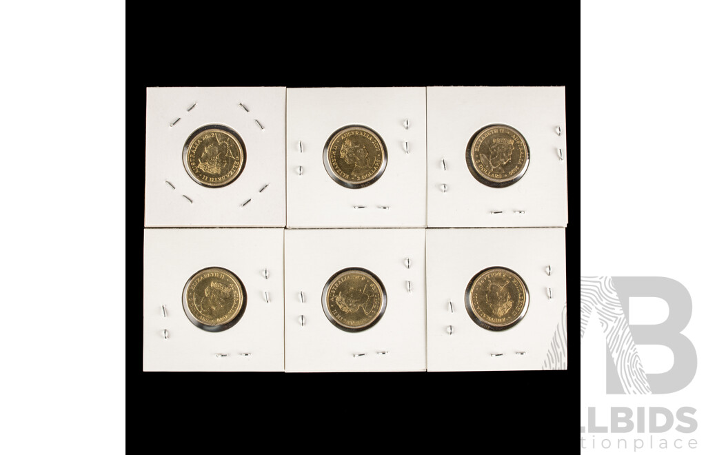 Six Australian Commemorative Two Dollar Coins Including 2020 Olympic Passion(2), Courage, Striving, Dedication and 2022 Honey Bee