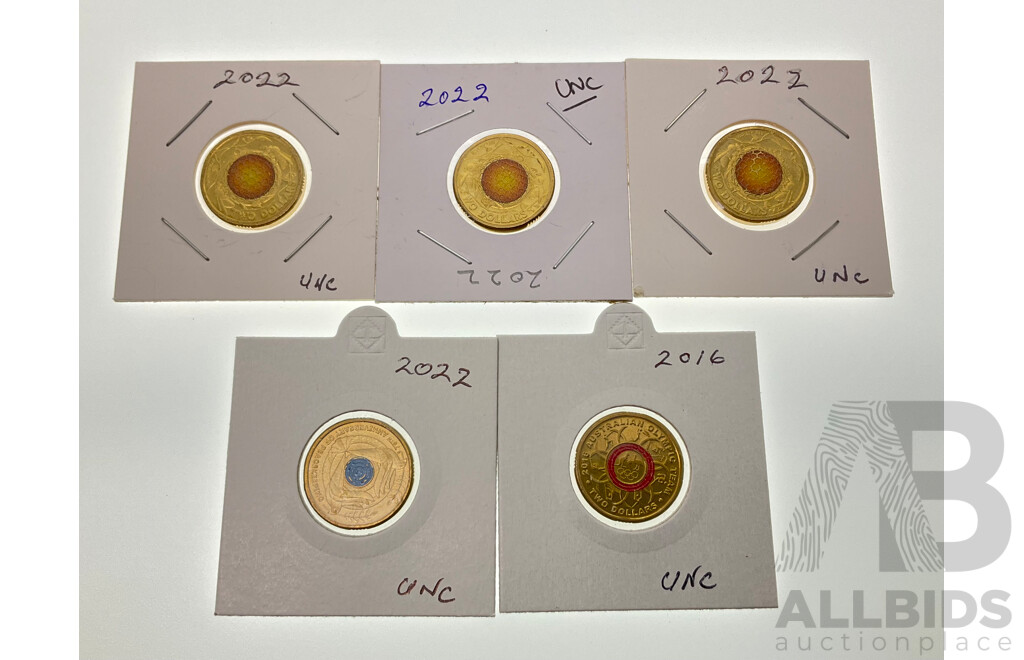 Five Australian Commemorative Two Dollar Coins Including Three 2022 Honey Bee, 2022 Seventy Five Years of Peacekeeping, 2016 Olympics