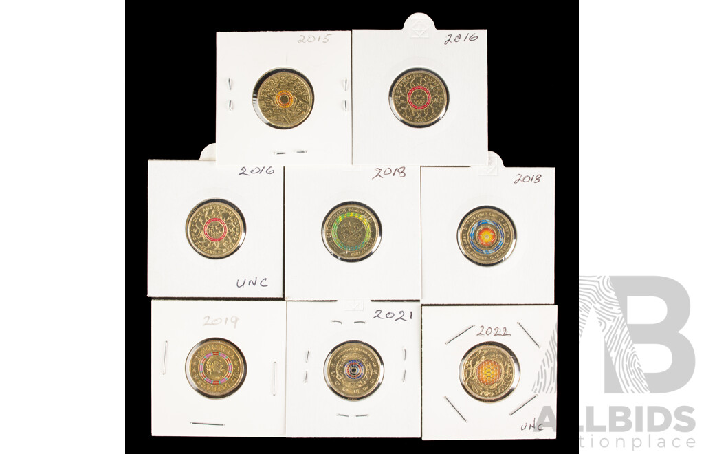 Eight Australian Commemorative Two Dollar Coins Including 2022 Honey Bee, 2015 Remembrance, 2021 Indigenous Military Service, 2018 Commonwealth Games, 2019 Mr Squiggle, 2016 Olympics, 2018 Lest We Forget, 2016 Olympics