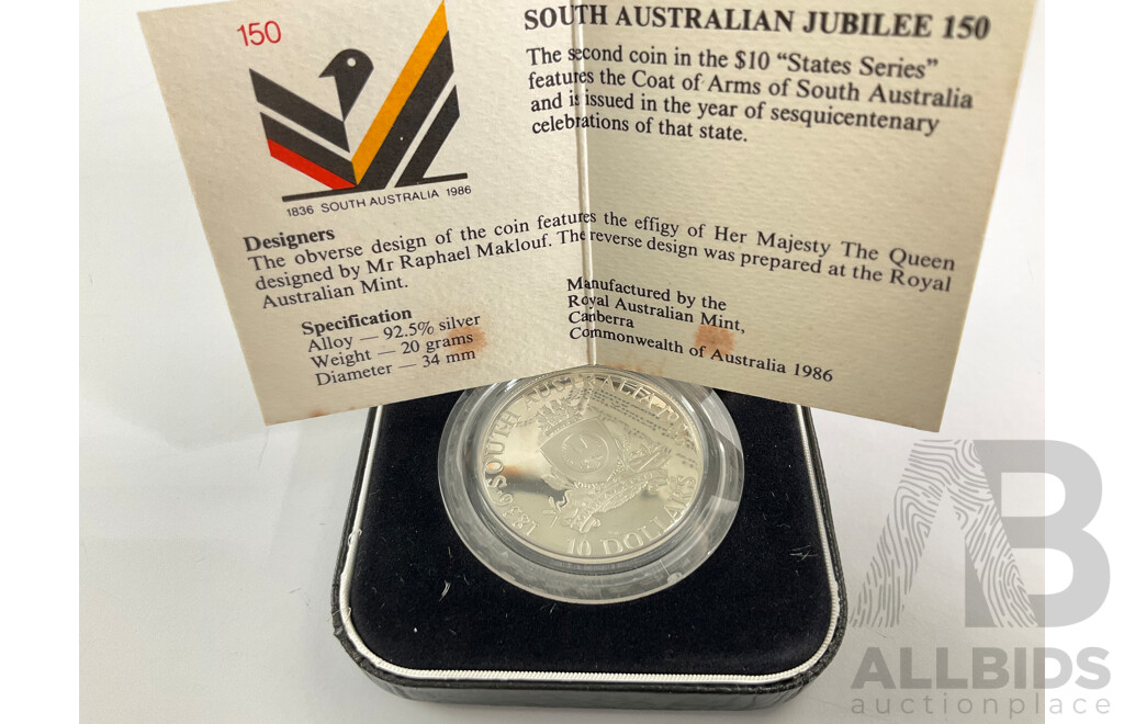 Australian 1986 Silver Proof Ten Dollar Coin, State Series South Australia .925