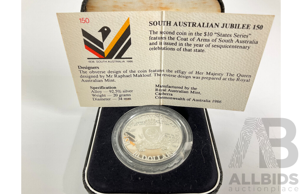 Australian 1986 Silver Proof Ten Dollar Coin, State Series South Australia .925