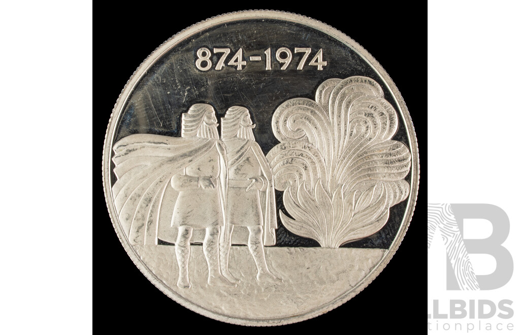 Iceland 1974 Silver 1000 Kronur Coin, 1100th Anniversary of the First Settlement on the Island .925