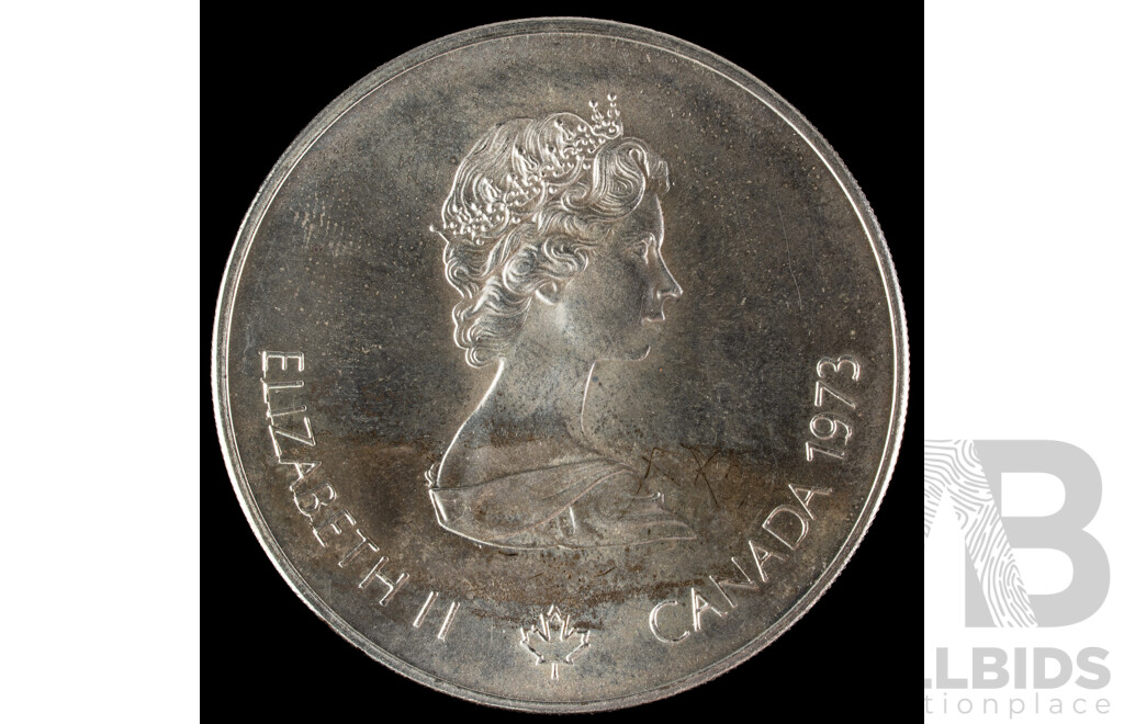 Canada 1975 Silver Five Dollar Coin, 1976 Olympics, Montreal, Map of North America.925