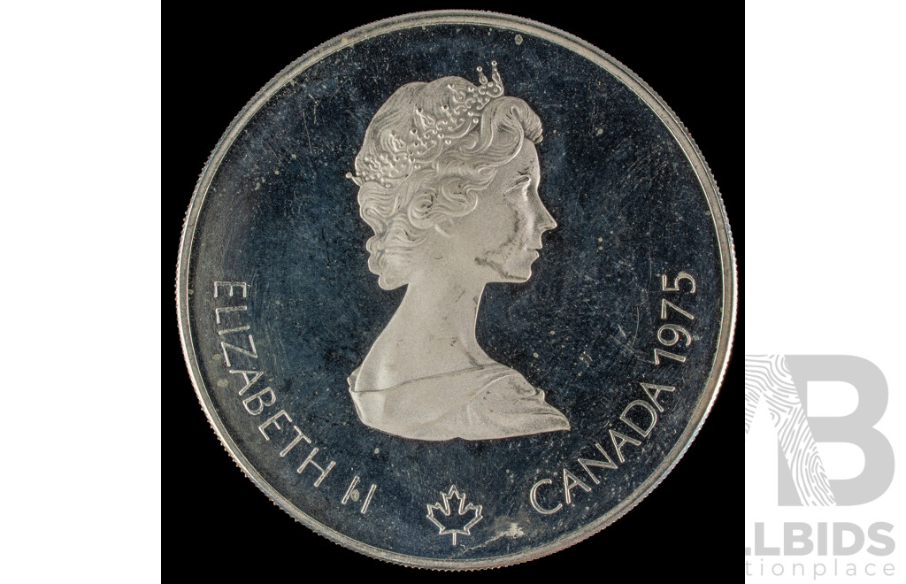 Canada 1975 Silver Five Dollar Coin, 1976 Olympics, Montreal, Javelin.925