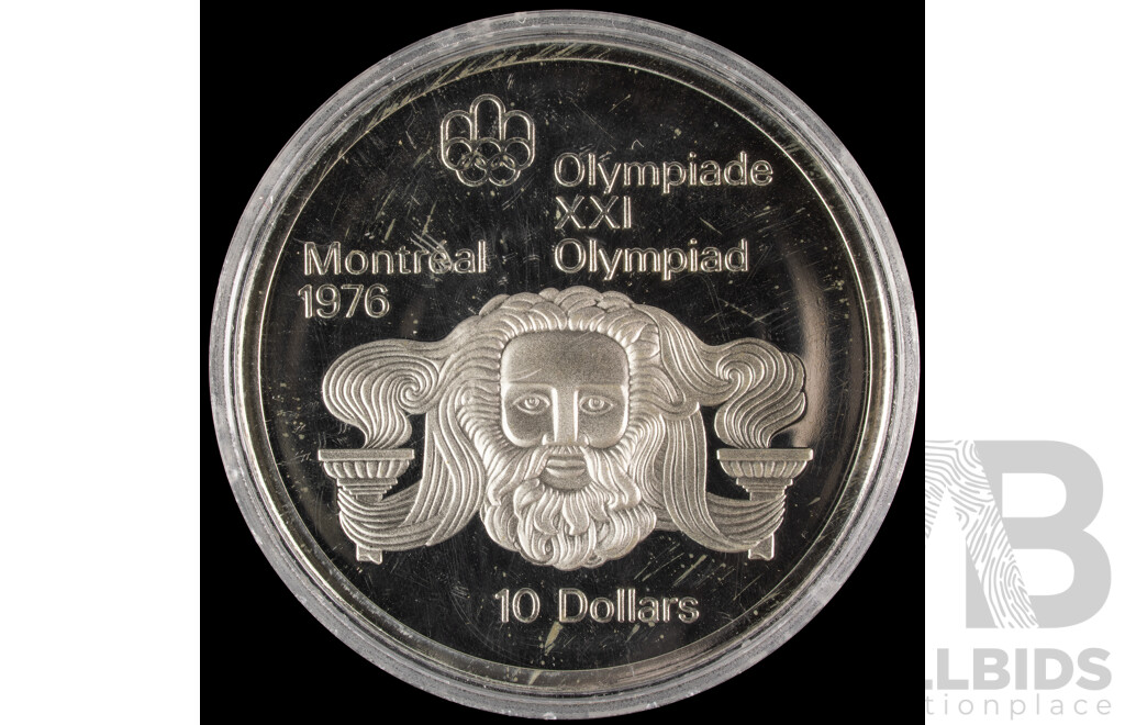 Canada 1975 Silver Ten Dollar Coin, 1976 Olympics, Montreal, Head of Zeus .925
