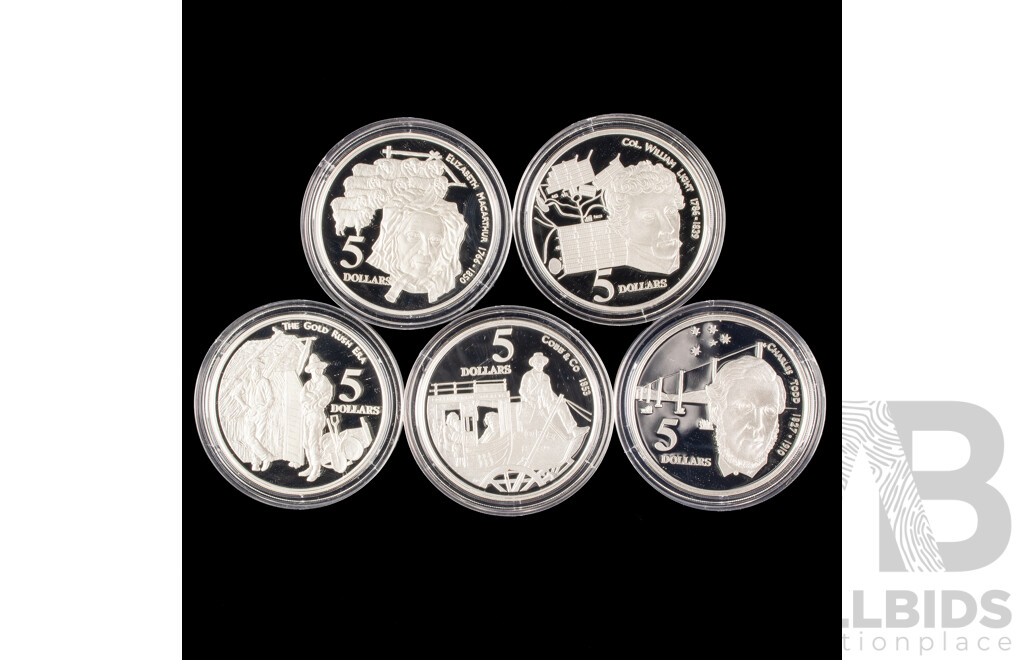Australian 1995 Masterpieces in Silver Five Silver Proof Five Dollar Coins, Colonial Australia .925