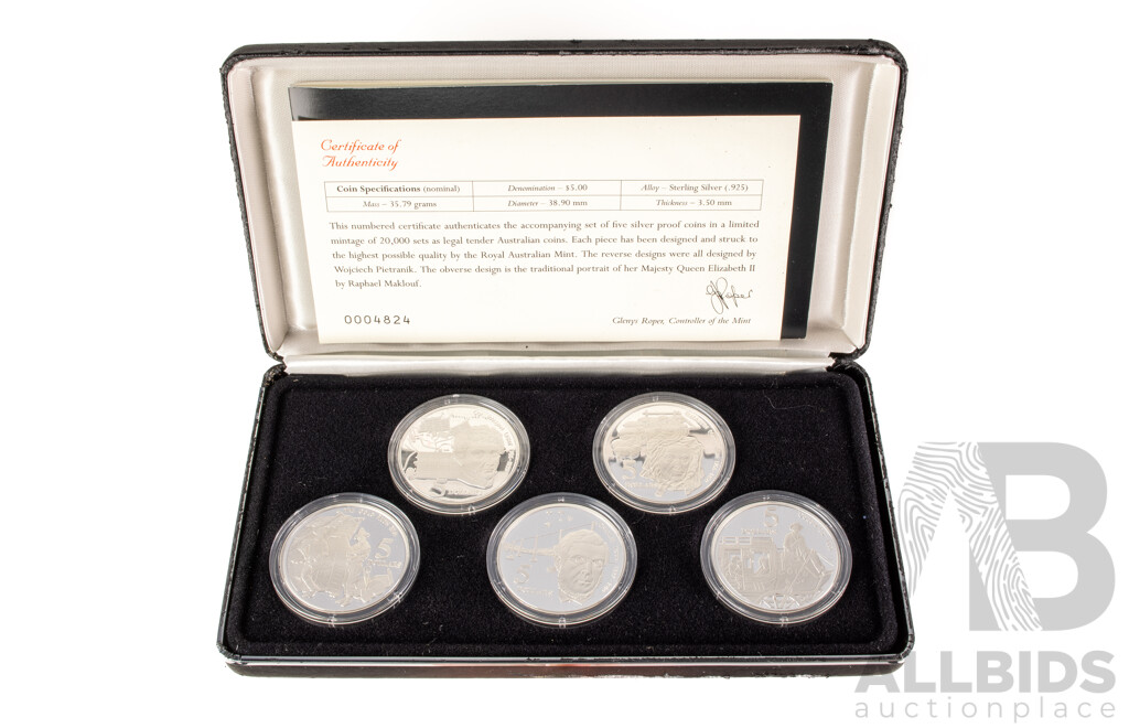 Australian 1995 Masterpieces in Silver Five Silver Proof Five Dollar Coins, Colonial Australia .925