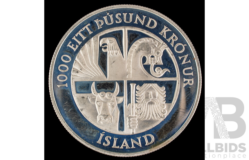 Iceland 1974 Silver One Thousand Kronur Coin, Commemorative 1100th Anniversary of the First Settlement on the Island .925