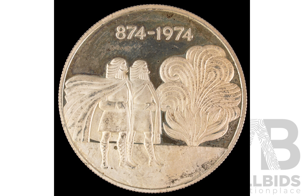 Iceland 1974 Silver One Thousand Kronur Coin, Commemorative 1100th Anniversary of the First Settlement on the Island .925