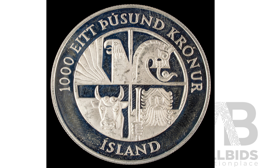 Iceland 1974 Silver One Thousand Kronur Coin, Commemorative 1100th Anniversary of the First Settlement on the Island .925