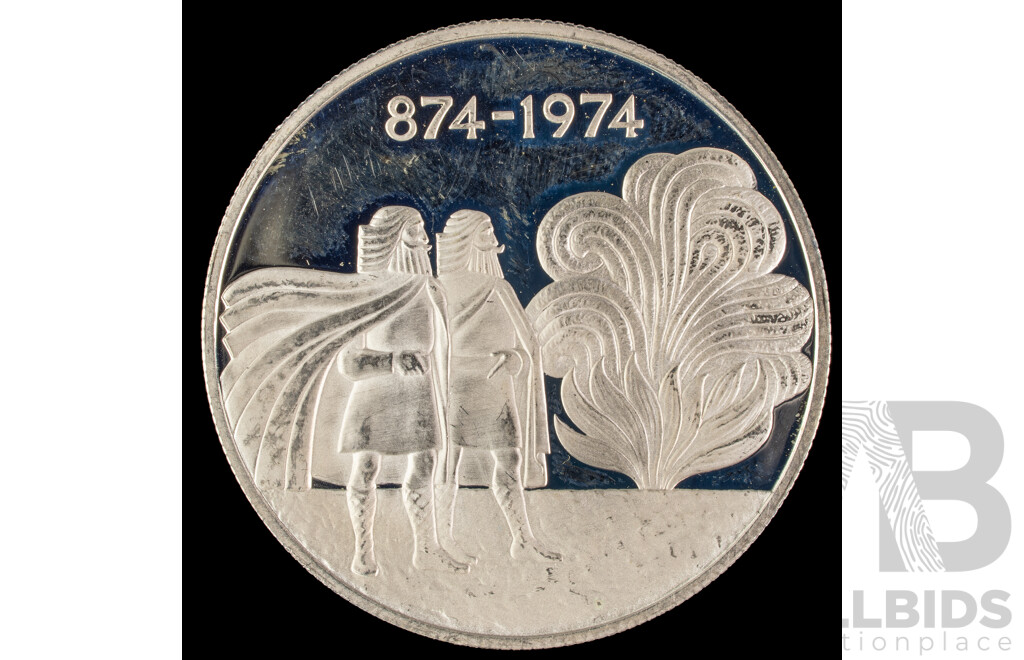 Iceland 1974 Silver One Thousand Kronur Coin, Commemorative 1100th Anniversary of the First Settlement on the Island .925