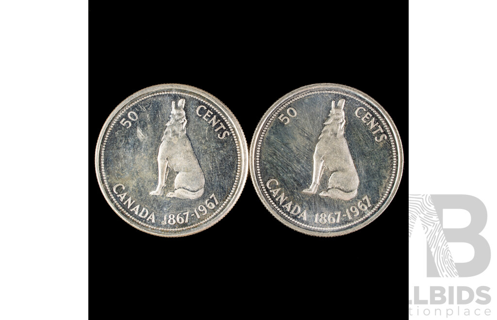 Two Canadian 1967 Silver Fifty Cent Coins, Commemorative 100th Anniversary of Canada .800