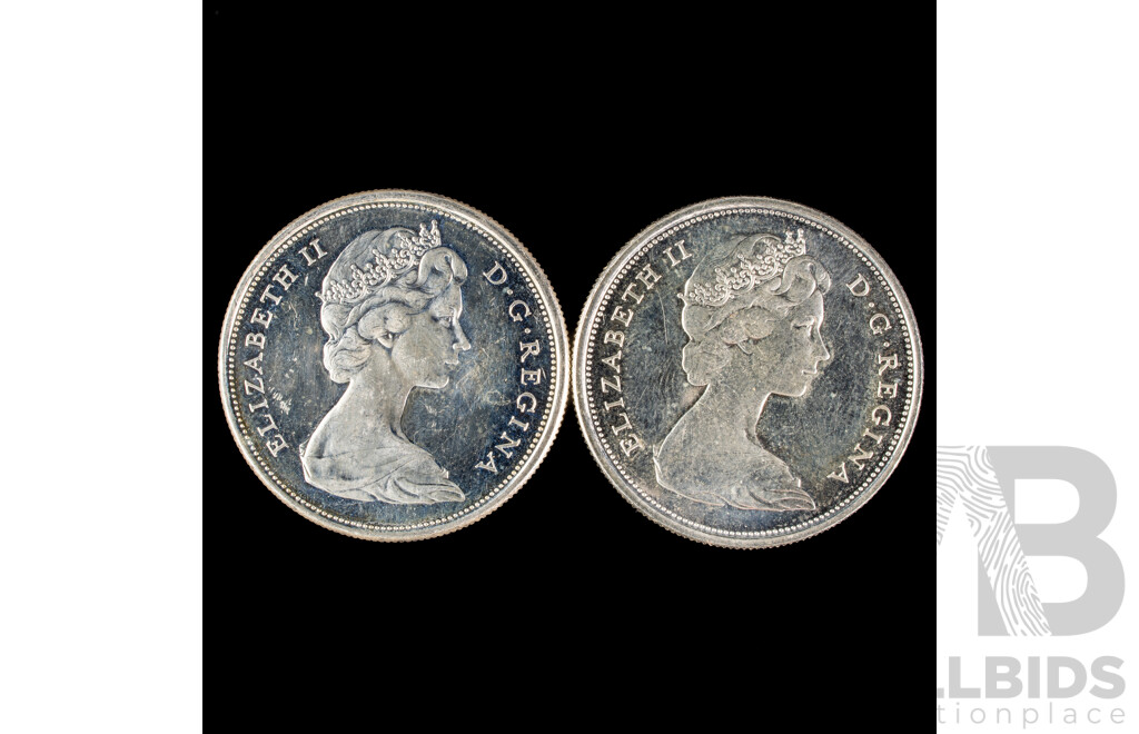 Two Canadian 1967 Silver Fifty Cent Coins, Commemorative 100th Anniversary of Canada .800