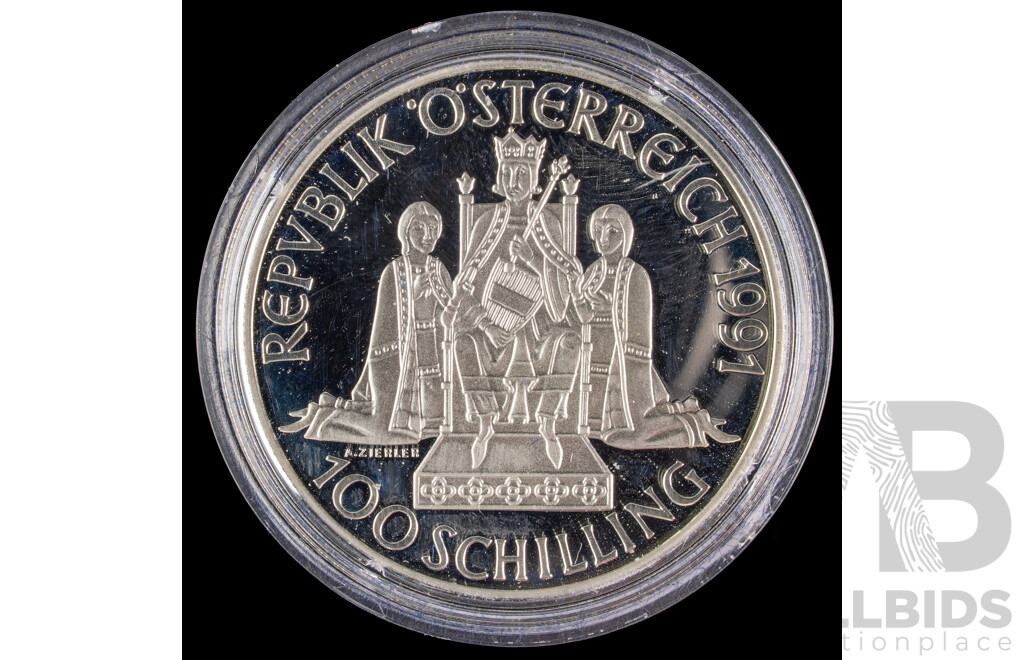 Austrian 1991 Silver One Hundred Schilling Coin, Millennium Series 996-1996 .900