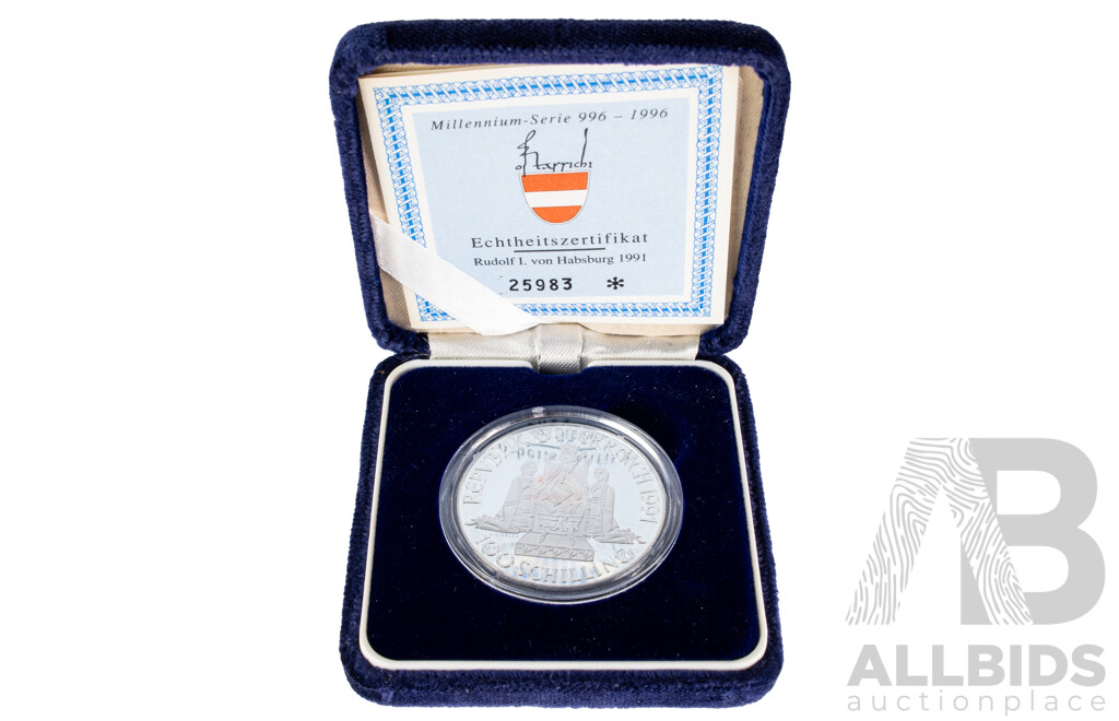 Austrian 1991 Silver One Hundred Schilling Coin, Millennium Series 996-1996 .900