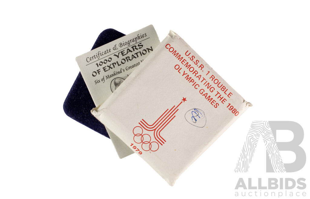 U.S.S.R 1978 and 1979 One Rouble Coins Commemorating Moscow Olympics, Zambia 2000, One Thousand Years of Exploration 1000 Kwacha Coloured Coin