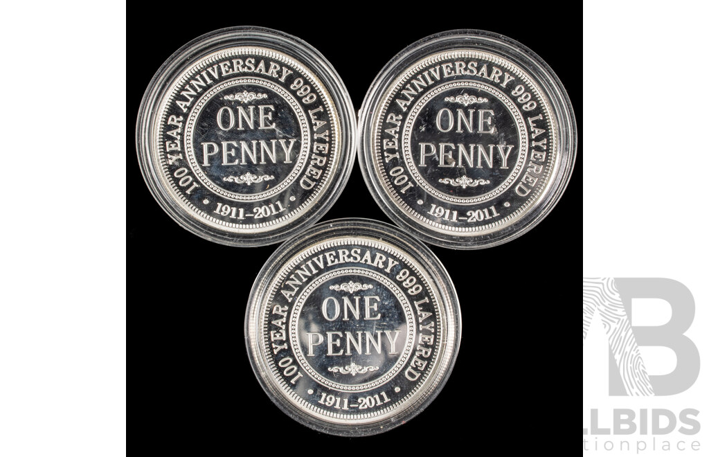 Three Australian Silver Plated One Penny Commemorative Coins 1911-2011