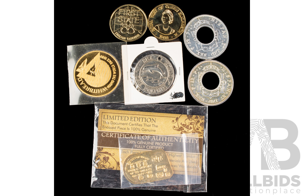 Australian 1988 Royal Visit Medallion, First State Darling Harbour Medallion, Two 1970 Holey Dollar Replica, Sea World One Dolphin Ride Token, 1989 Whitbread Round the World Race, SSB Mint Ingot Tag