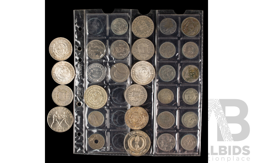 Five Mexican Silver One Peso Coins 1958(2), 1967(3), Samoan 1974 One Dollar,  1984 L.A Olympics, Thee New Zealand Half Crowns, Florin, 1934 Silver Shilling, UK 1936 Shilling