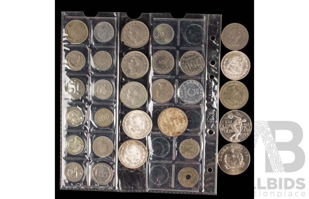 Five Mexican Silver One Peso Coins 1958(2), 1967(3), Samoan 1974 One Dollar,  1984 L.A Olympics, Thee New Zealand Half Crowns, Florin, 1934 Silver Shilling, UK 1936 Shilling