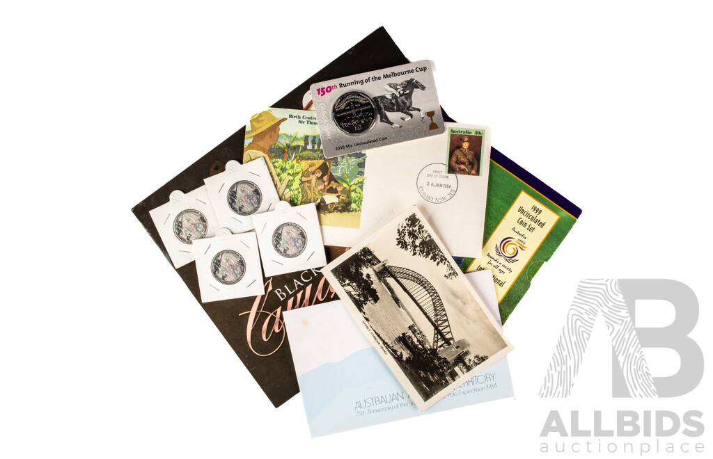 Australian Coins and Philateley Including 1999 RAM Six UNC Oin Set, 2010 Fifty Cent, 150th Running of Melbourne Cup, Four 2017 Baby Set Coins, Black Caviar Stamp Set, Vintage Sydney Harbour Bridge Post Card