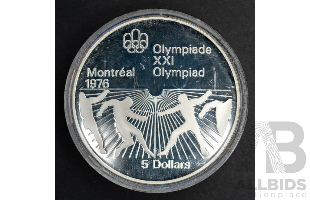 Canada 1976 Silver Proof Five Dollar Coin, Montreal Olympics, Fencing .925