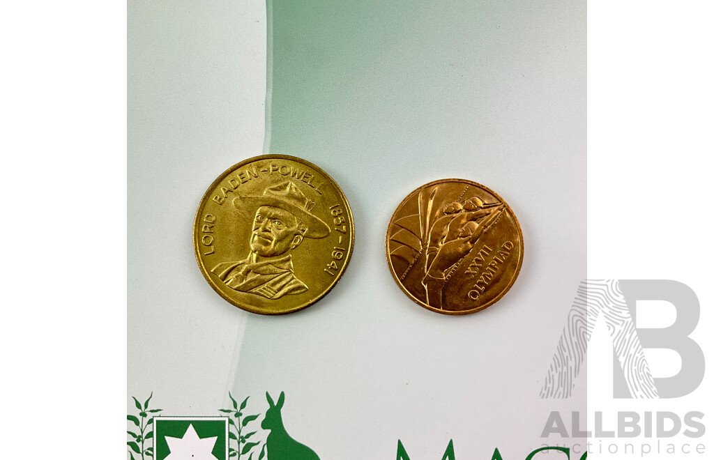 Nauru Macquarie Mint Silver Ten Dollar Coin, We Will Remember Them and Gallipoli Landing Coin, Silver Plated 225 Years of Sydney Coin, Olympic and Scout Medallions