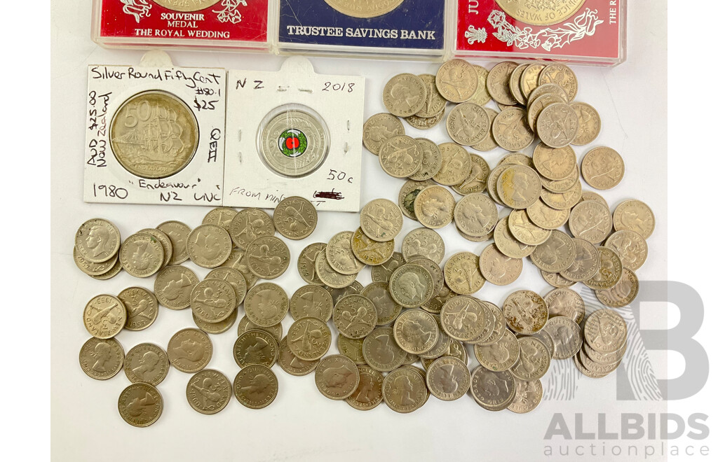 United Kingdom 1938 Silver Half Crown, 1940 Shilling, Commemorative Twenty Five Pence and Medals, New Zealand 2018 Coloured Fifty Cent, Collection of 1950's/60's Threepence