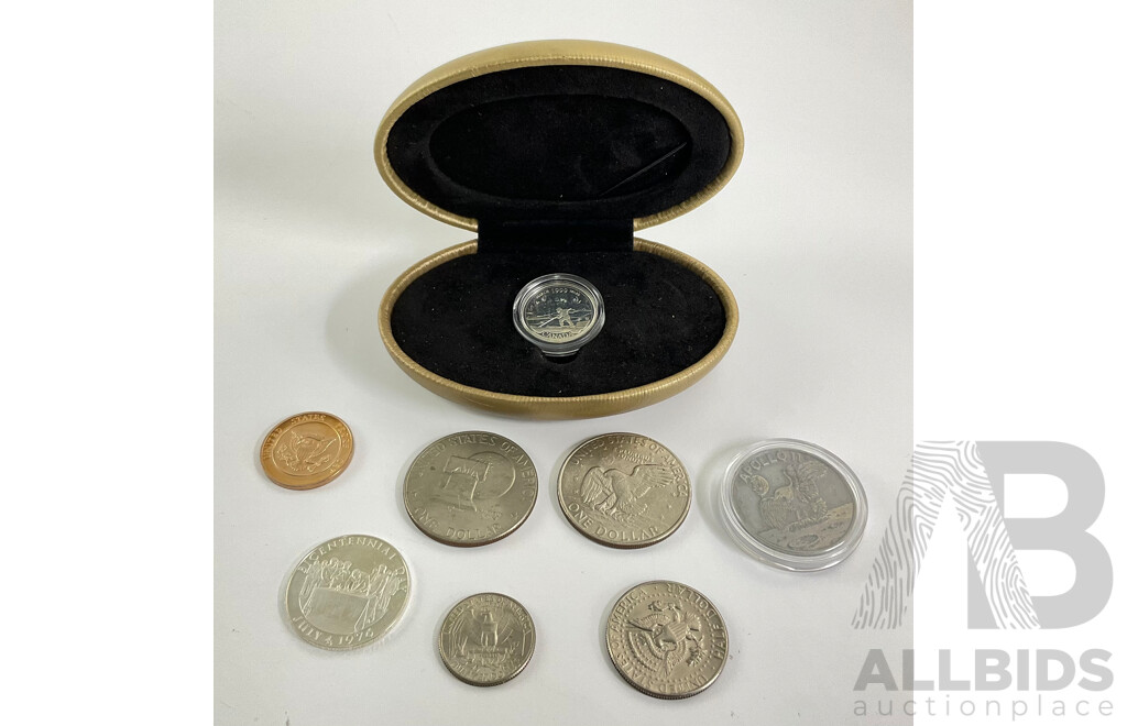 Canada 1999 Silver Twenty Five Cent Coin, History of Canada Through the Second Millennium, USA 1972D, 1976D Eisenhower Dollars, 1974D Kennedy Half Dollar, Bicentennial, Apollo and Treasury Medallions