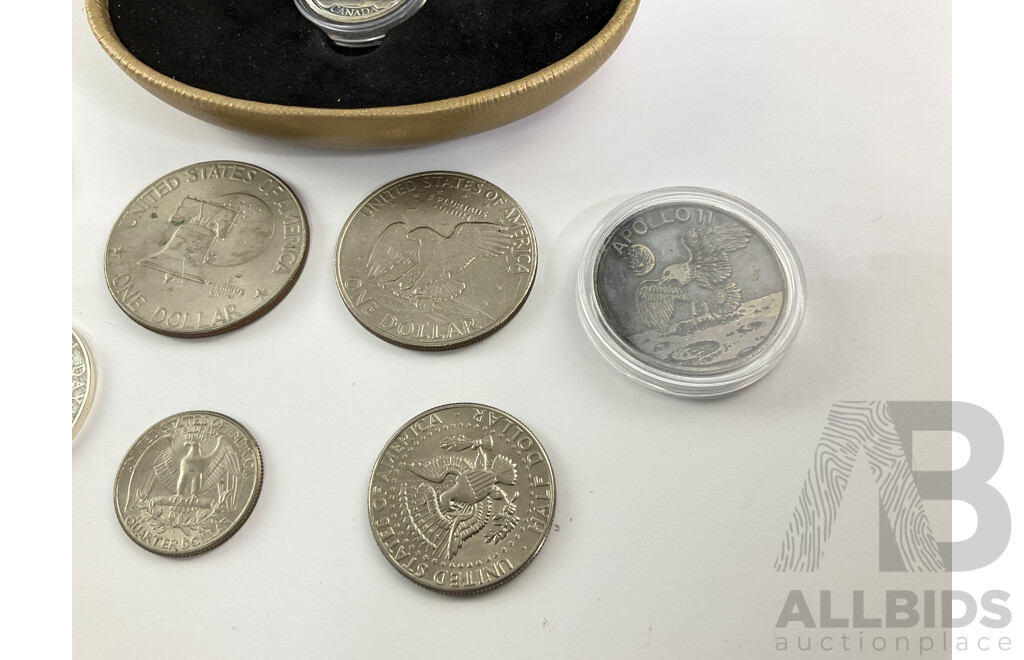 Canada 1999 Silver Twenty Five Cent Coin, History of Canada Through the Second Millennium, USA 1972D, 1976D Eisenhower Dollars, 1974D Kennedy Half Dollar, Bicentennial, Apollo and Treasury Medallions