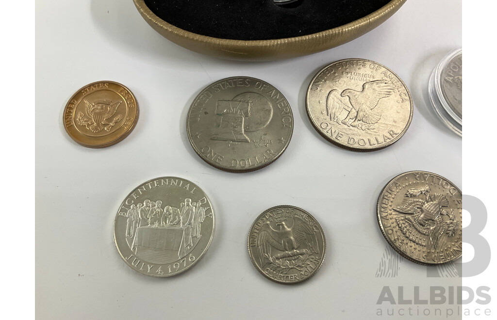 Canada 1999 Silver Twenty Five Cent Coin, History of Canada Through the Second Millennium, USA 1972D, 1976D Eisenhower Dollars, 1974D Kennedy Half Dollar, Bicentennial, Apollo and Treasury Medallions