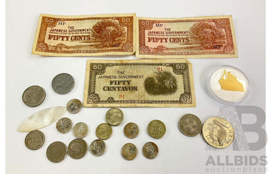 Three Japanese Occupation Banknotes, British Virgin Islands 1974 Fifty Cents, RMS Titanic Silver Medallion, Voyage of the Titanic, Christmas Pudding Coins, International Coins