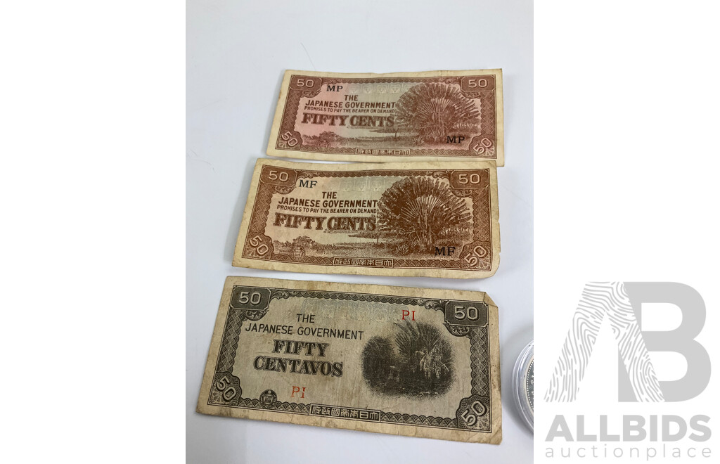 Three Japanese Occupation Banknotes, British Virgin Islands 1974 Fifty Cents, RMS Titanic Silver Medallion, Voyage of the Titanic, Christmas Pudding Coins, International Coins