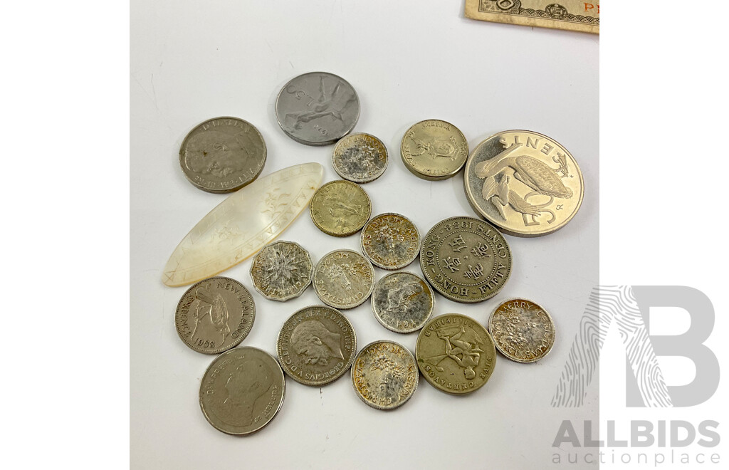 Three Japanese Occupation Banknotes, British Virgin Islands 1974 Fifty Cents, RMS Titanic Silver Medallion, Voyage of the Titanic, Christmas Pudding Coins, International Coins