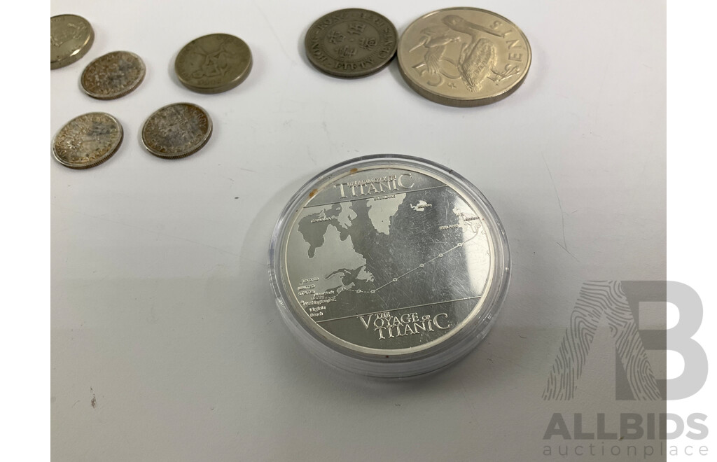 Three Japanese Occupation Banknotes, British Virgin Islands 1974 Fifty Cents, RMS Titanic Silver Medallion, Voyage of the Titanic, Christmas Pudding Coins, International Coins