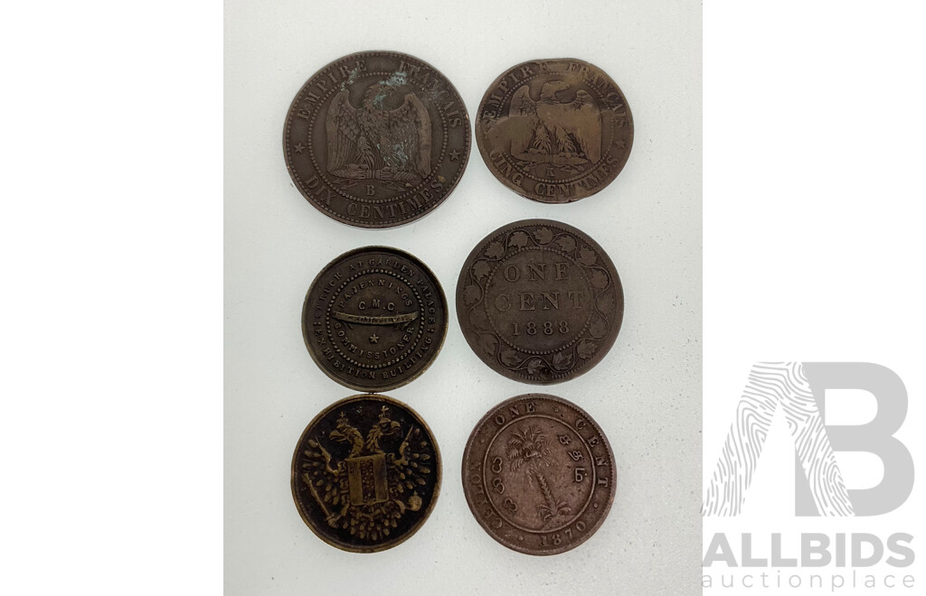 Collection of Antique Coins Including France 1855 Napoleon III Ten Centimes, 1861 Five Centimes, Canada 1888 QV One Cent, Ceylon 1870 QV One Cent, German Two Pfennig, 1851 Albert the Great Exhibition Token
