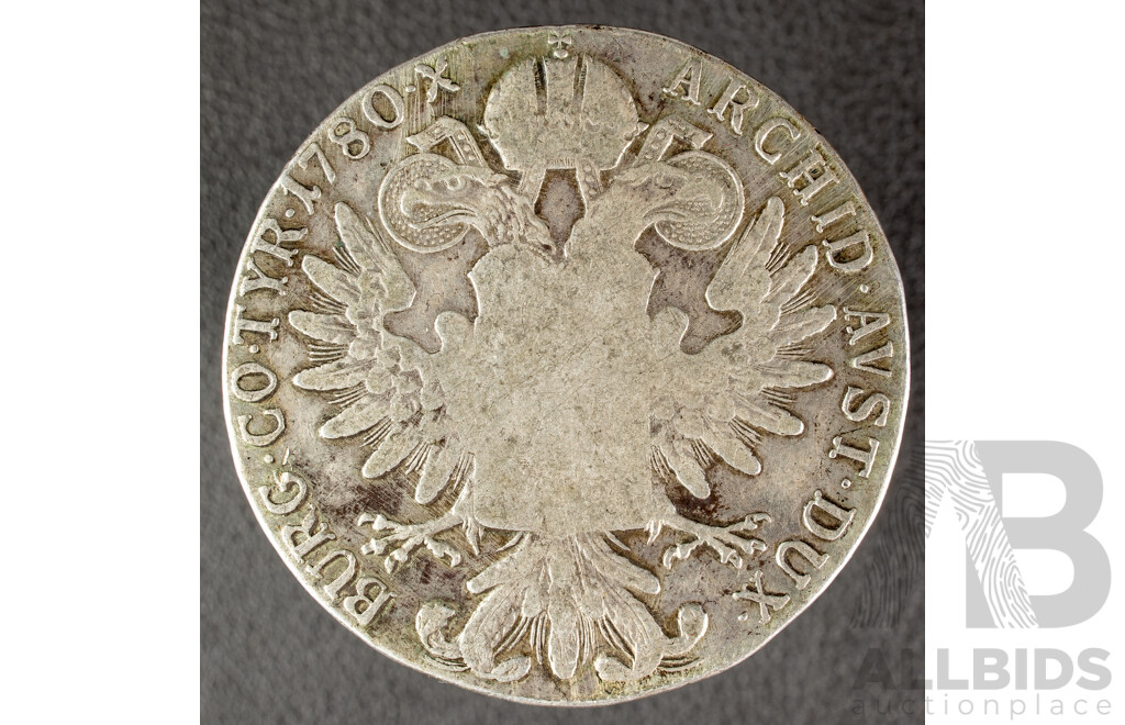 Austrian 1780 Silver One Thaler Coin, Empress Maria Theresia .833