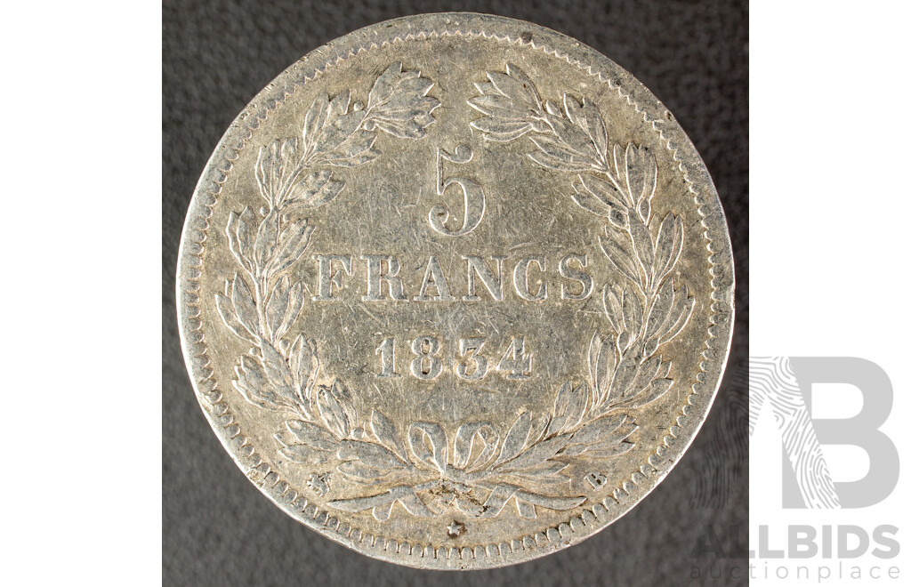 France 1834 Silver Five Francs Coin, Louis Philippe I  .900