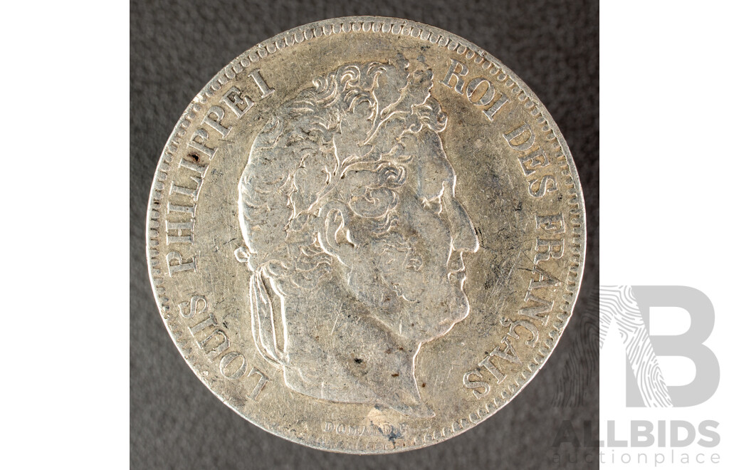 France 1834 Silver Five Francs Coin, Louis Philippe I  .900