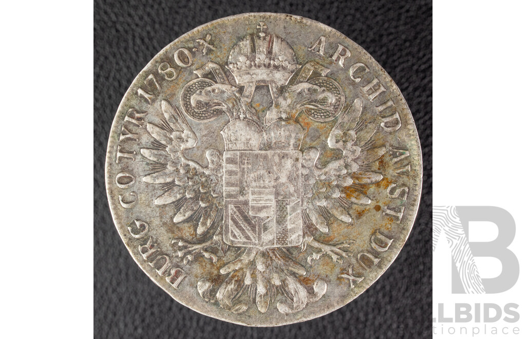 Austrian 1780 Silver One Thaler Coin, Empress Maria Theresia .833