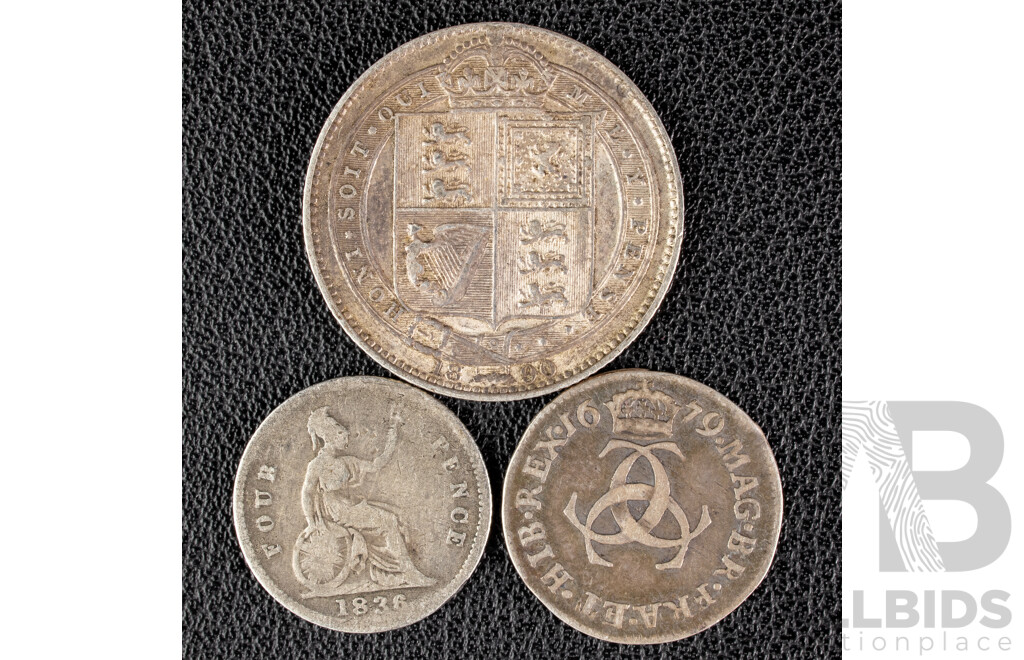 Great Britain 1679 KCII Silver Threepence, 1836 KWIV Silver Fourpence, 1890 QV Silver Shilling .925