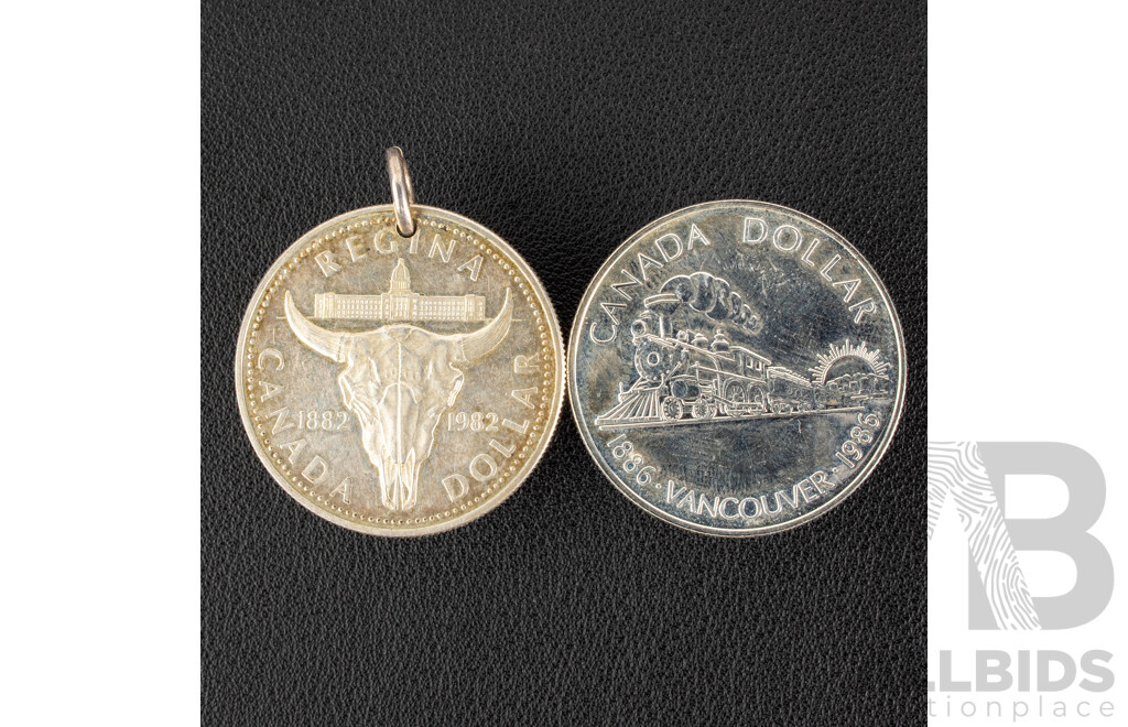 Canada 1986 Silver Dollar, Centenary of Vancouver with 1982 Silver Dollar, 100th Anniversary of the City of Founding of the City of Regina, Saskatchewan .500