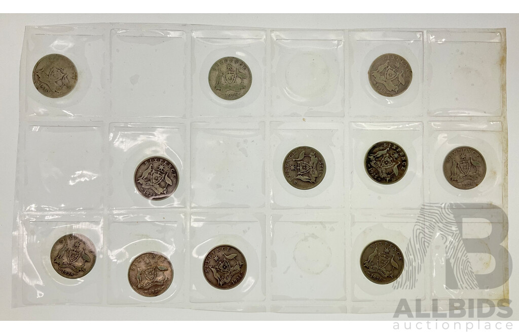 Collection of Australian KGV Sixpence, Including Years 1910, 1914, 1918, 1923, 1925(2) 1926, 1928(2) 1934, 1936  .925