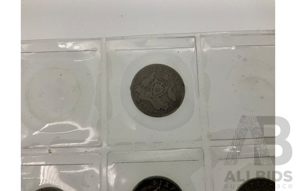 Collection of Australian KGV Sixpence, Including Years 1910, 1914, 1918, 1923, 1925(2) 1926, 1928(2) 1934, 1936  .925