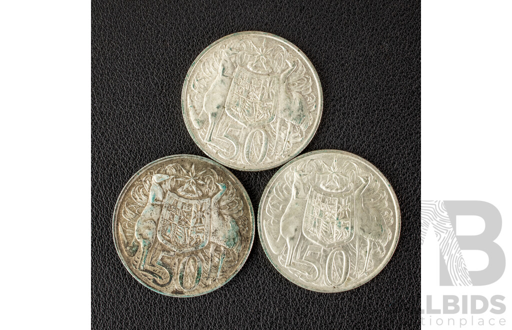 Three Australian 1966 Round Silver Fifty Cent Coins .800
