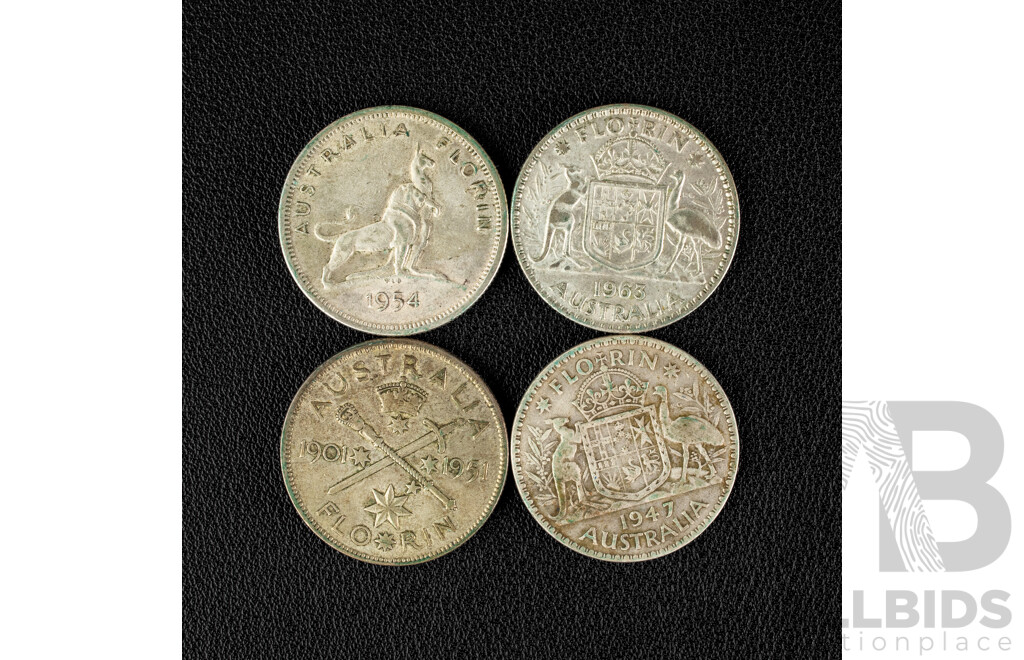 Four Australian Silver Florins Including 1951 Federation, 1954 Royal Visit, 1947, 1963 .500