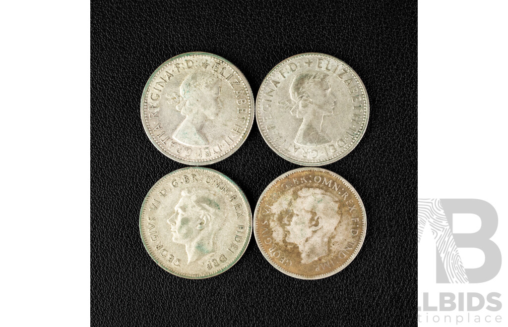 Four Australian Silver Florins Including 1951 Federation, 1954 Royal Visit, 1947, 1963 .500