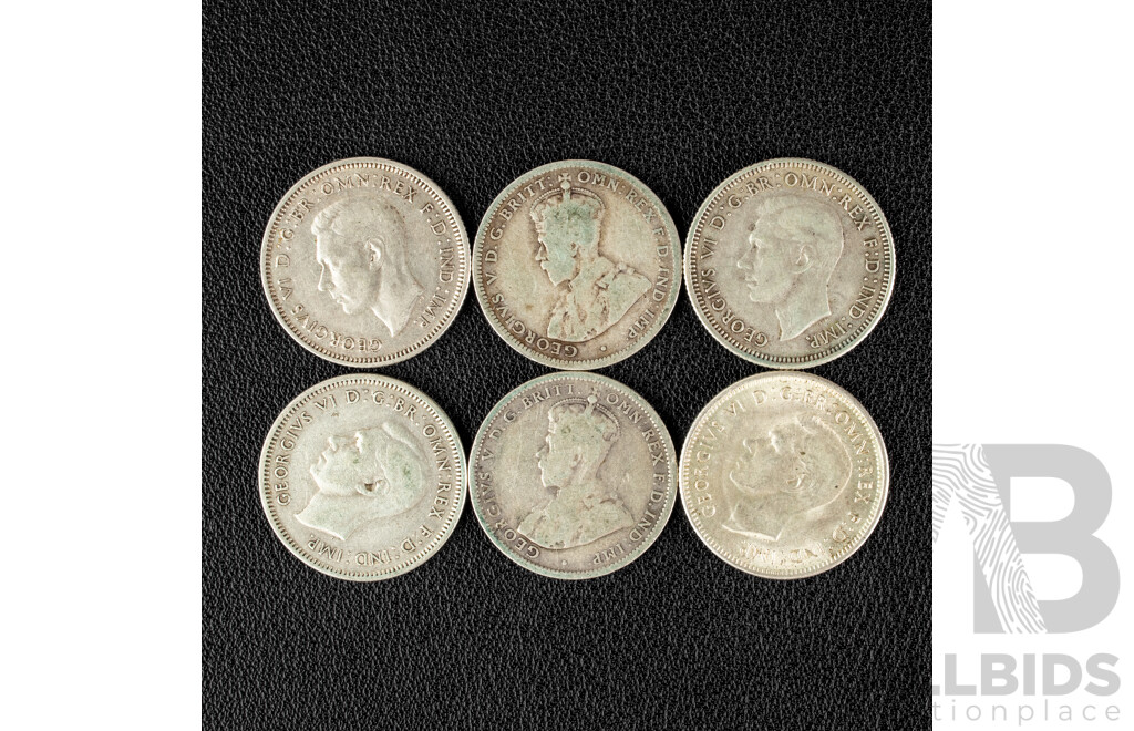 Six Australian Silver Shilling Including 1916M, 1925, 1938, 1942(2) 1943