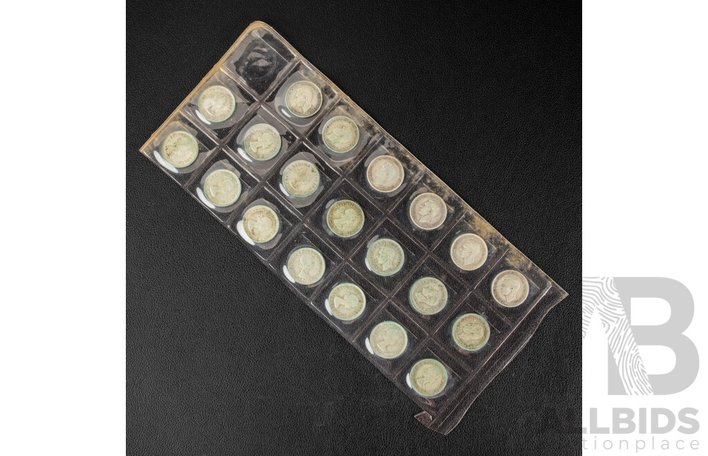 Twenty Australian Silver Sixpence Including 1943S, 1943D, 1944, 1945, 1946, 1948, 1950, 1951(2) 1953, 1954, 1955, 1956, 1957, 1958, 1959, 1960, 1961, 1962, 1963