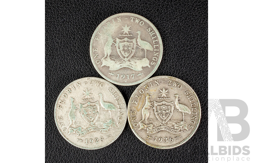 Three Australian KGV Silver Florins Including 1917M, 1928, 1936 .925